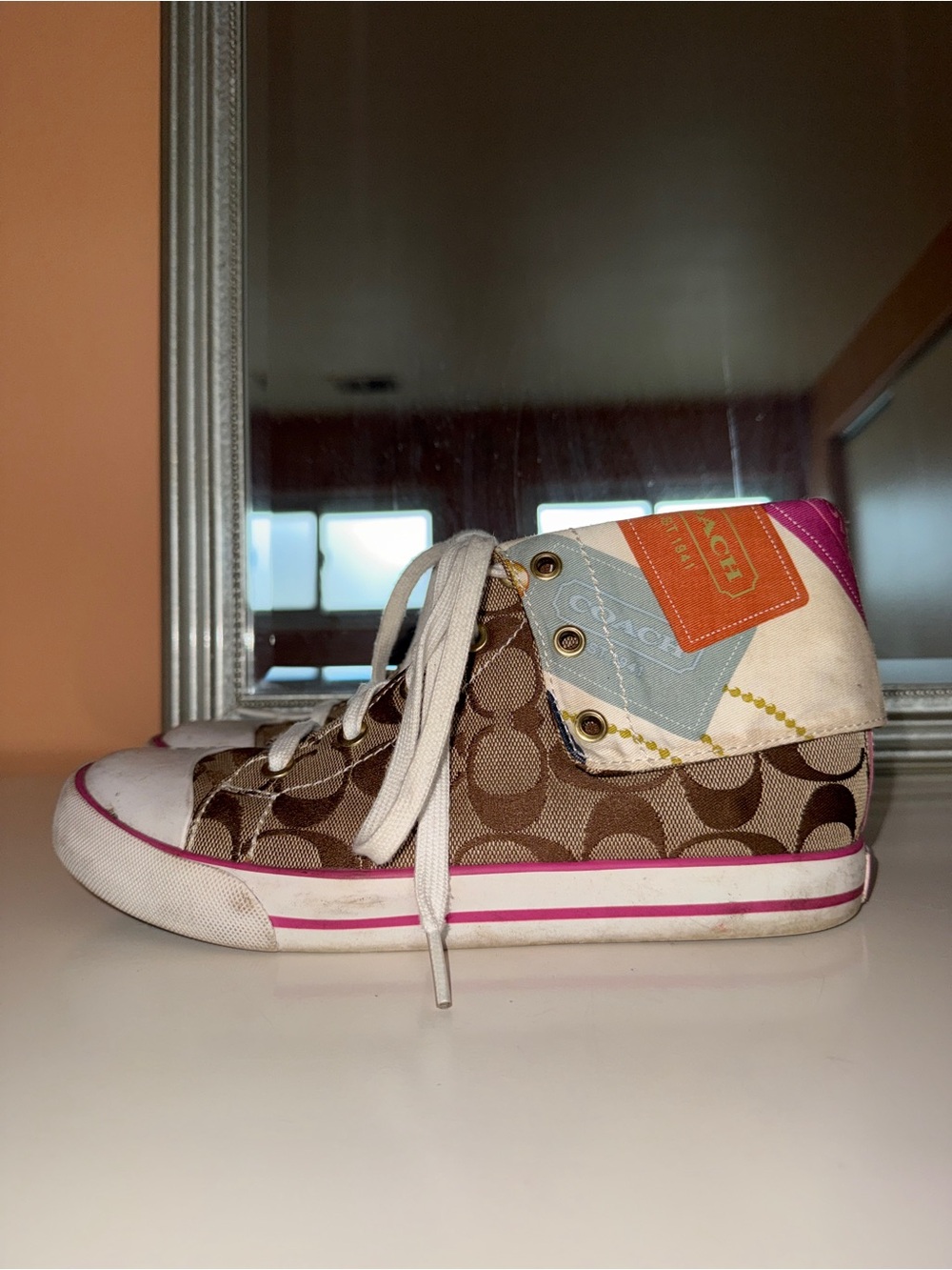 Coach Brown Signature High-Top Sneakers with Pink Trim - Picture 2 of 7